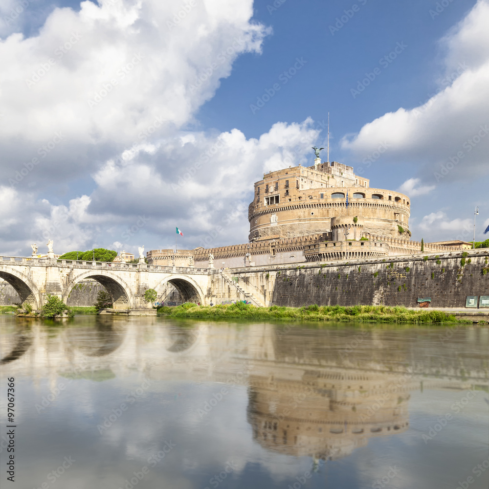 Castle Sant Angelo with reflection in the water in Rome