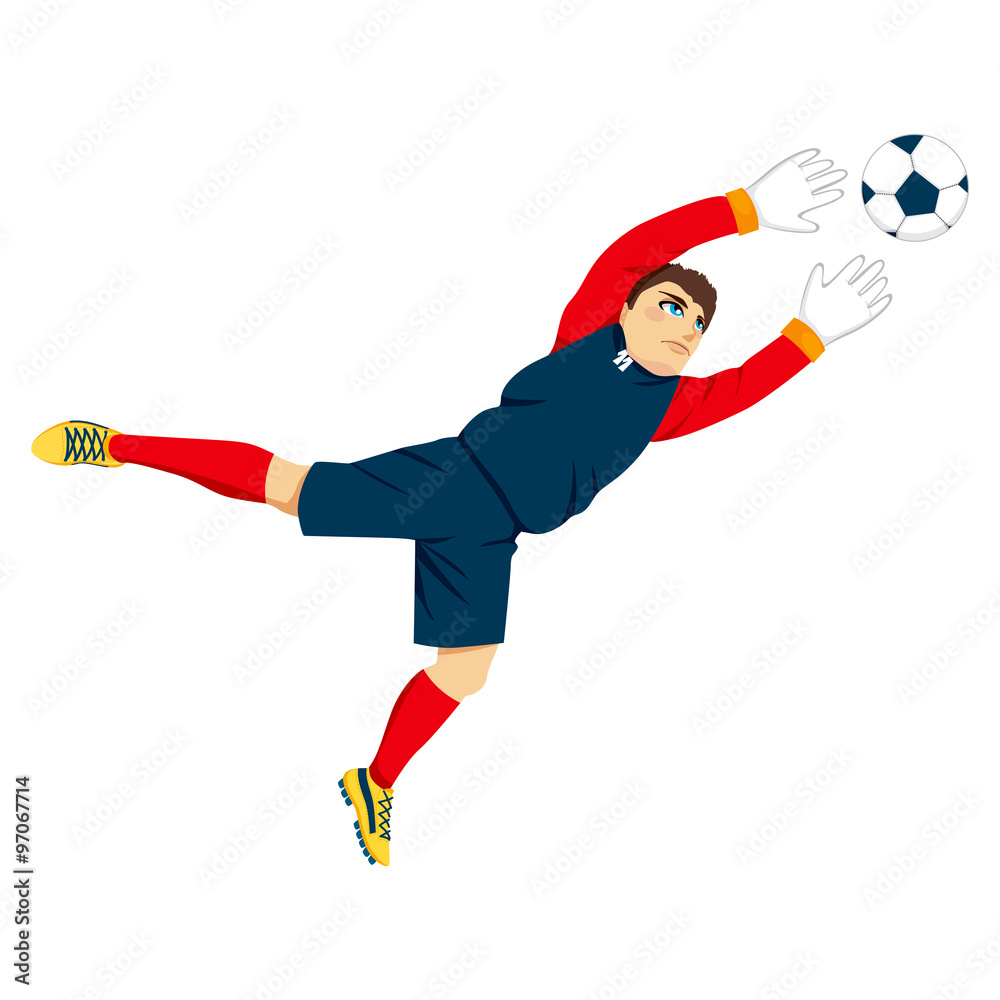 Illustration of young professional goal keeper jumping to catch the ball