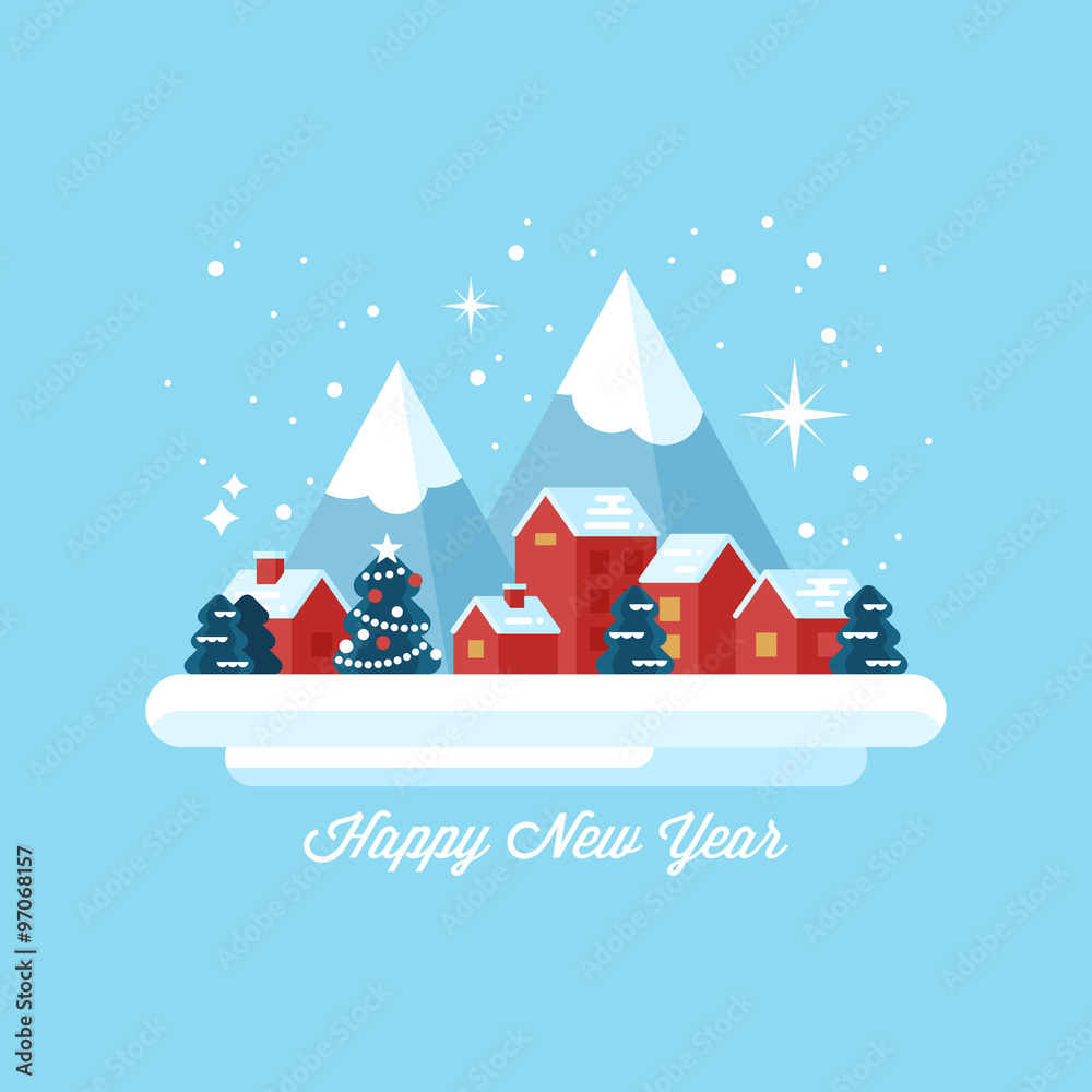 Happy New Year greeting card design with small winter village la