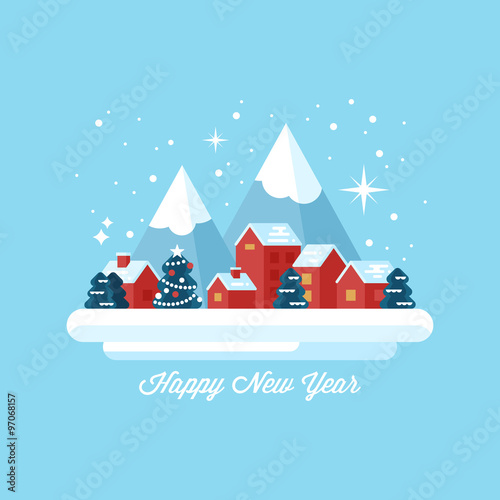 Happy New Year greeting card design with small winter village la
