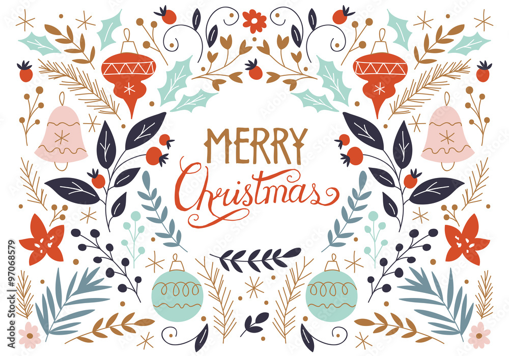 Merry Christmas hand drawing greeting card with floral elements.