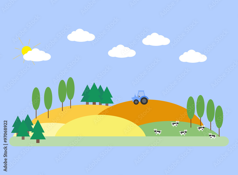 Landscape with fields, barn and cows Landscape with fields, barn and cows