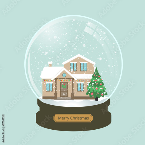 christmas snow globe and house and fir-tree