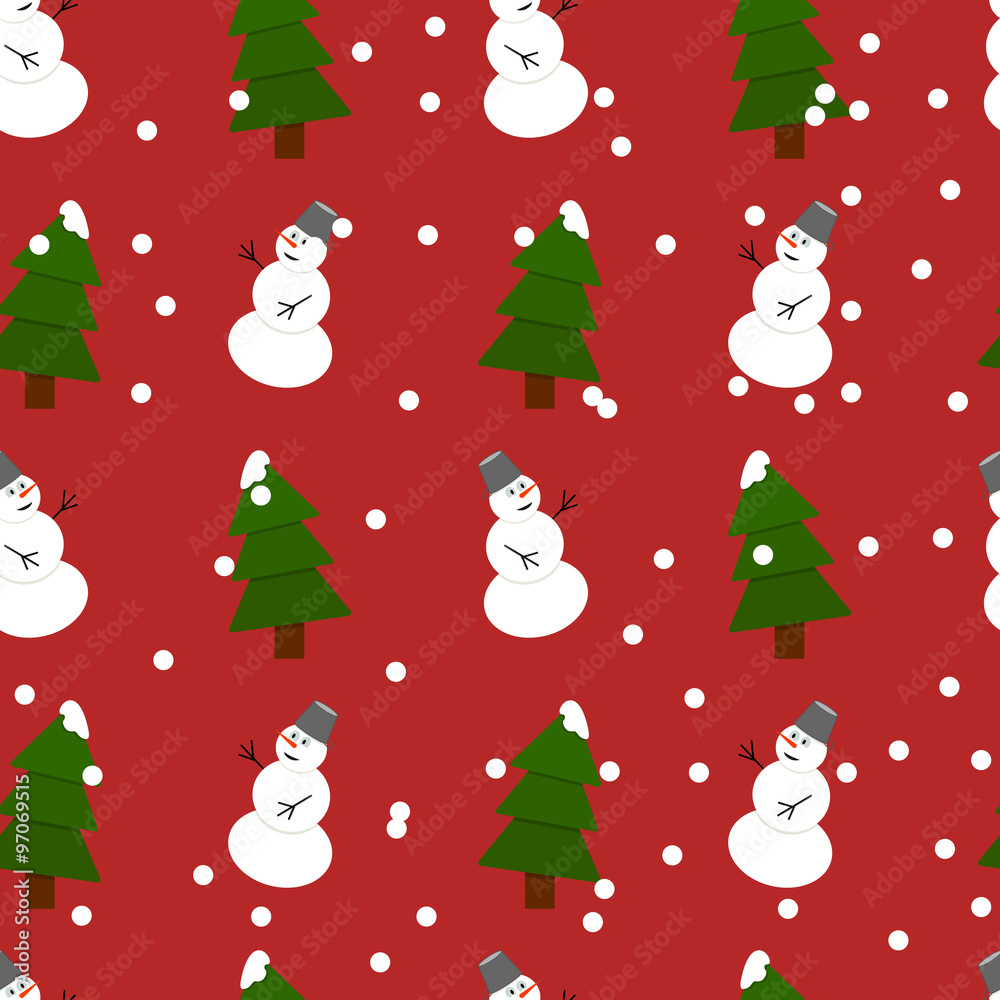 Seamless snowman and fir-trees pattern