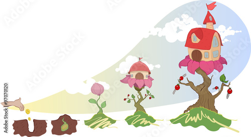 Vector image of houses, growing on a flower. Growing investments and price