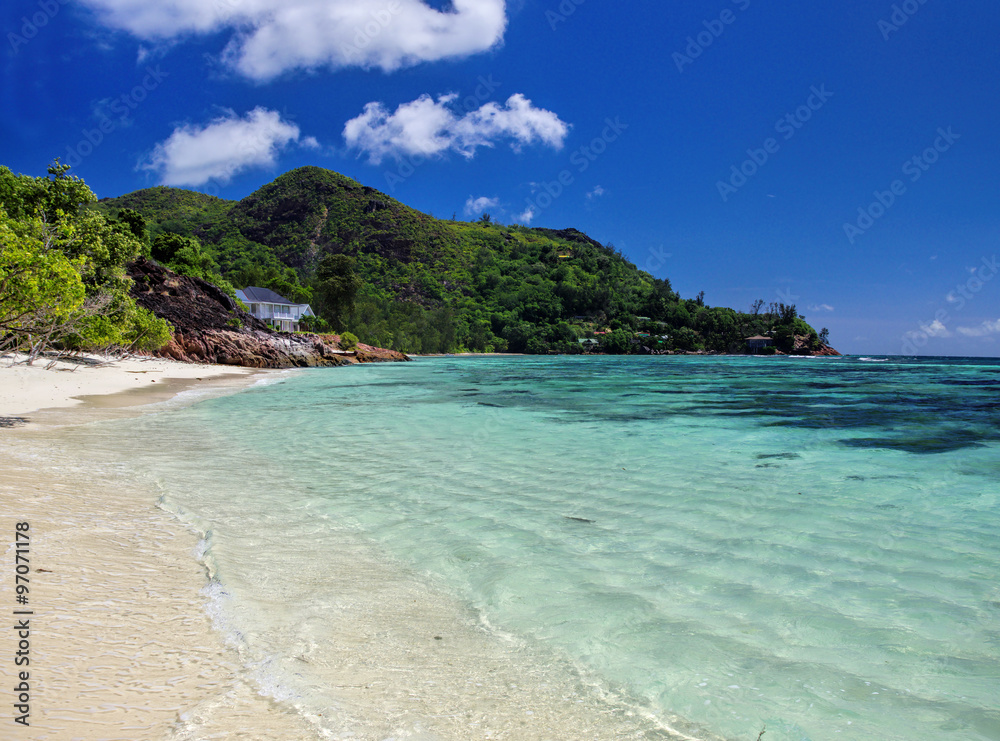 Fototapeta premium Anse La Blague beach at Praslin island, Seychelles.