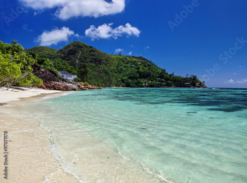 Anse La Blague beach at Praslin island, Seychelles.