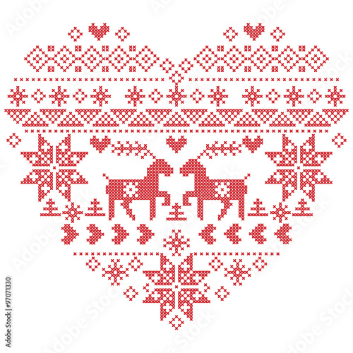 Scandinavian Nordic winter stitch, knitting  christmas pattern in  in heart shape shape including snowflakes, xmas trees,reindeer, snow, stars, decorative elements on white background 
