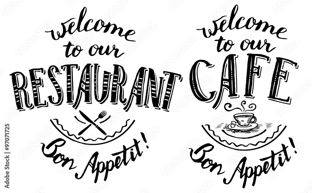 to our restaurant and cafe. Set of handlettering and calligraphy designs for cards