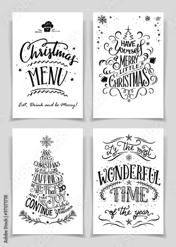 Christmas greeting cards bundle in black isolated on white background. A unique set of hand lettered holiday cards or posters for printing and design