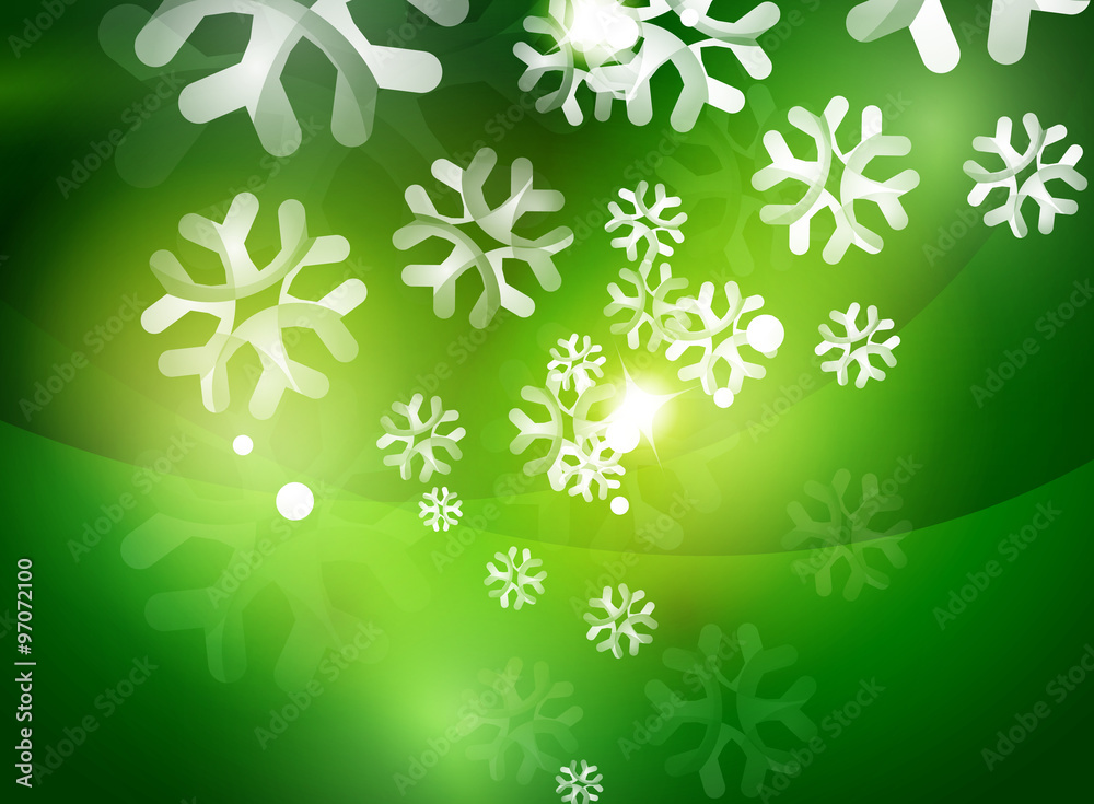Christmas green abstract background with white transparent snowflakes