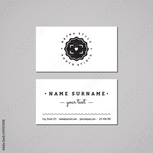Photo studio business card design concept. Photo studio logo with heart and badge. Vintage, hipster and retro style. Black and white.