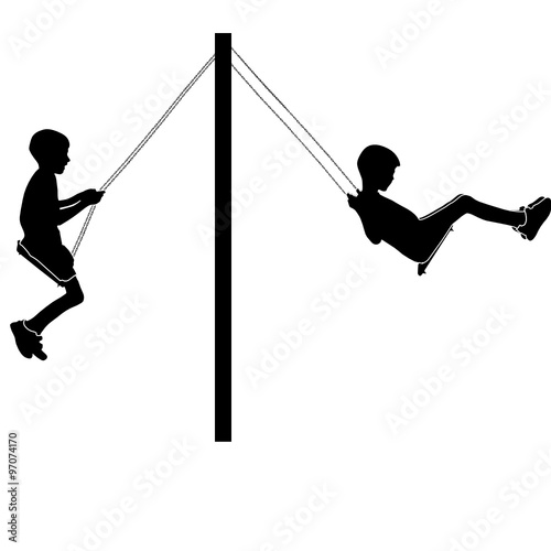 Boys swinging on a swing in the park silhouette vector illustration 