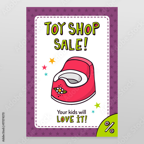 Toy shop vector sale flyer design with pink baby potty