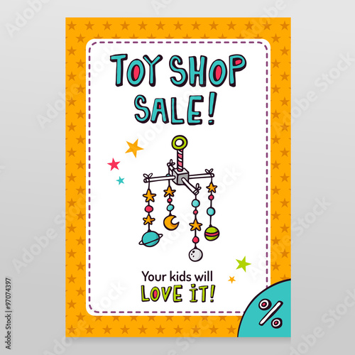 Toy shop vector sale flyer design with baby crib mobile