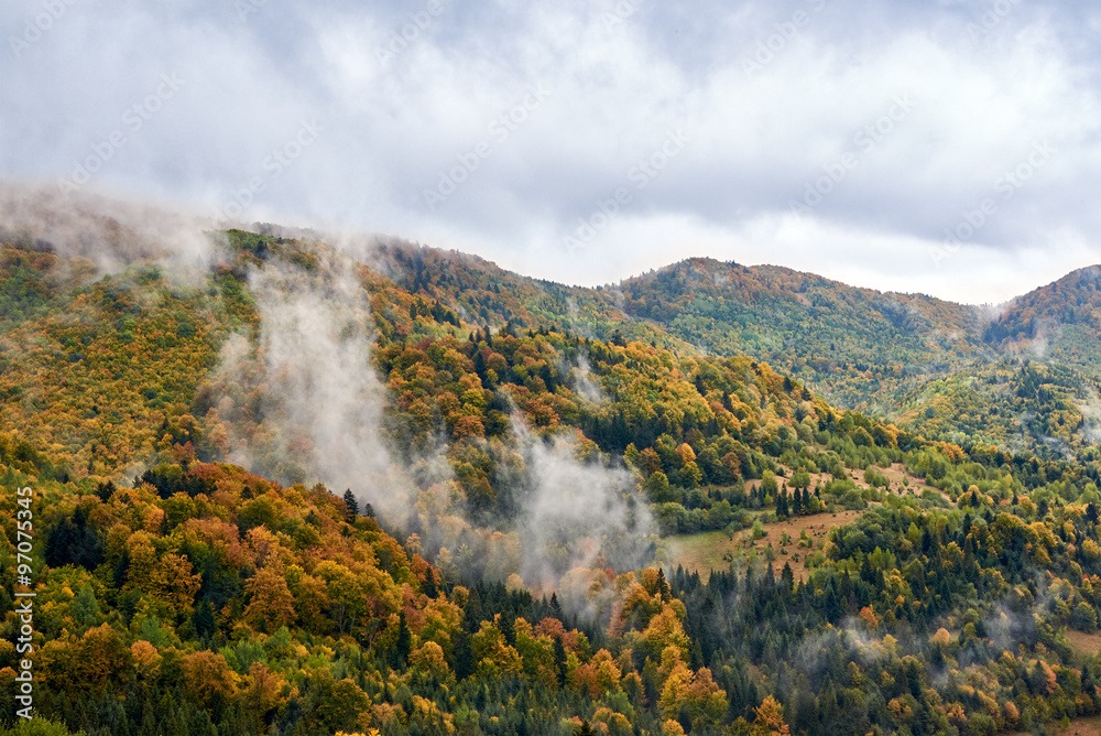 Mountain landscape with clouds and colorful trees Mountain landscape with clouds and colorful trees