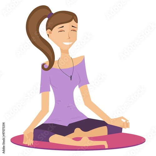 

Sporty girl, yogi sitting in the lotus position. Yoga asana. Relaxed woman. Flat style, vector illustration