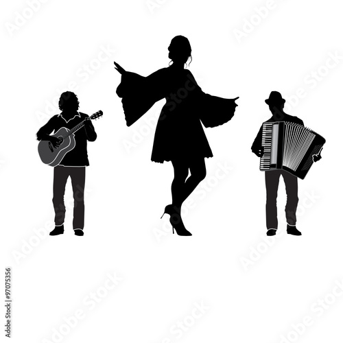 Musicians and dancer, trio, vector silhouette isolated