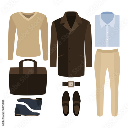 Set of  trendy men's clothes. Outfit of man coat, pants, pullover, shirt and accessories. Men's wardrobe. Vector illustration