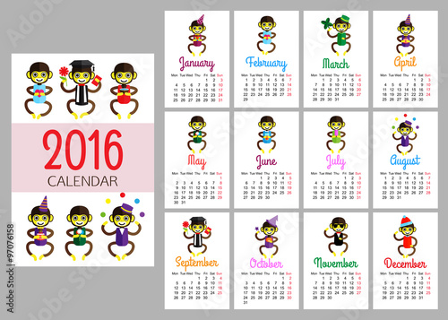 calendar vector print template with funny monkeys wearing different clothes. The year on Monkey. Cartoon design calendar for kids