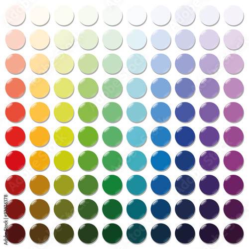 Counters - exactly one hundred round colorful plastic tokens sorted like a color swatch - from very bright to intense dark shades of all colors. Isolated vector illustration over white background.