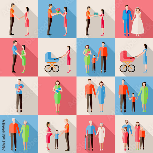Set of family icons. Flat style design. Married couples, parents with children, pregnant woman, elderly people