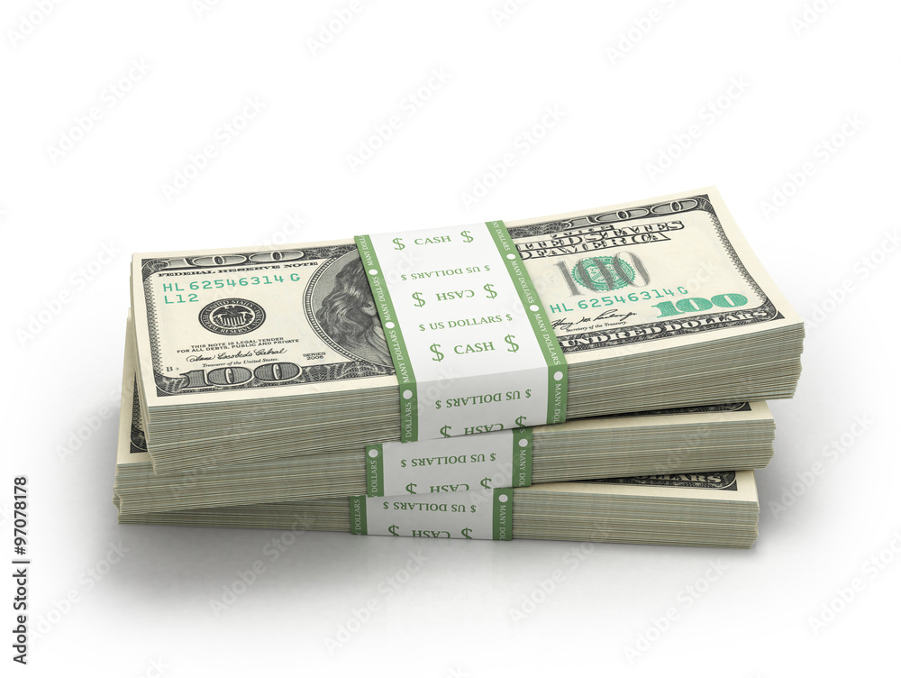 three stacks of hundred paper dollar bills three stacks of hundred paper dollar bills