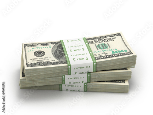 three stacks of hundred paper dollar bills