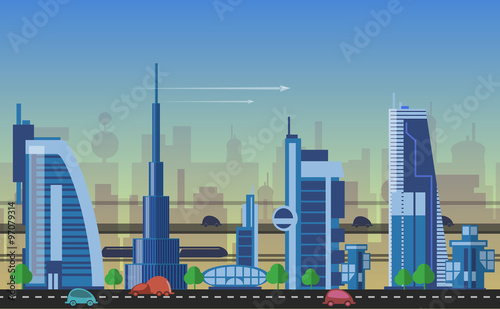 Busy urban cityscape templates with modern buildings, roads, futuristic traffic