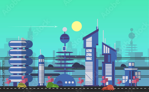 Busy urban cityscape templates with modern buildings, roads, futuristic traffic