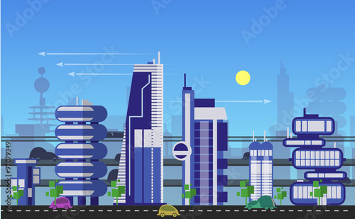 Busy urban cityscape templates with modern buildings, roads, futuristic traffic