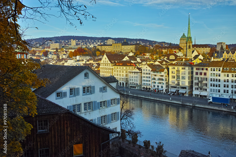 Reflection of City of Zurich in Limmat River, Switzerland