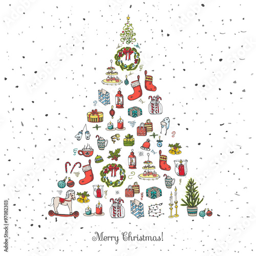 Set of hand drawn sketchy christmas elements Doodle vector illustration elements Candles gift boxes christmas tree wreath stocking candy canes cookie bells holly decoration calligraphy Merry Christmas