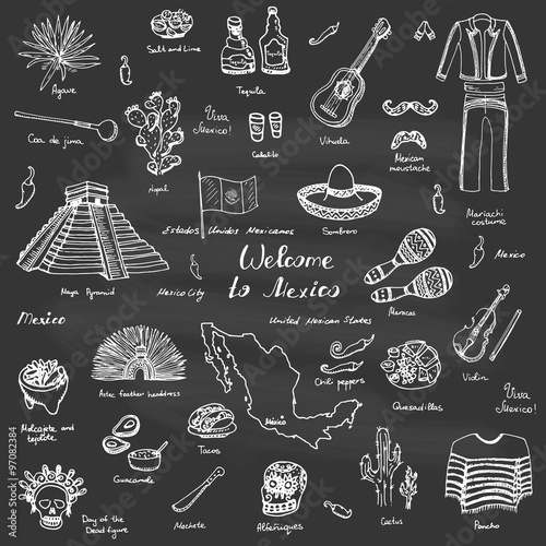 Hand drawn doodle Mexico set Vector illustration Sketchy mexican food icons United Mexican States elements Flag Maracas Sombrero Viva Mexico Maya Pyramid Aztec Tequila Agave Mariachi Poncho Guacamole