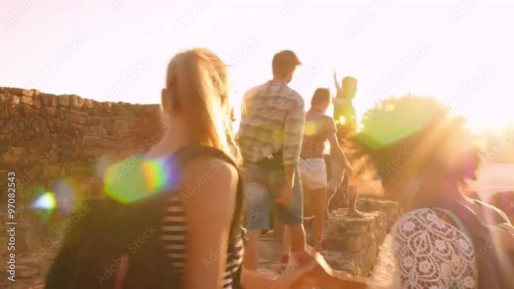 Group of friends celebrate reaching a mountain view point
