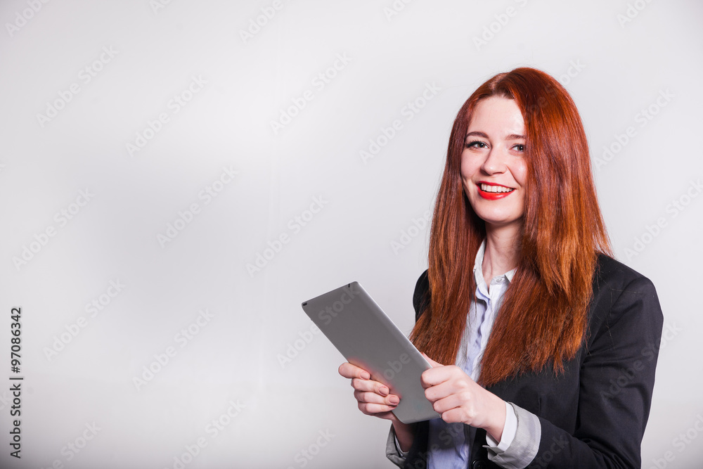 red businesswoman showing tablet isolated over white red businesswoman showing tablet isolated over white
