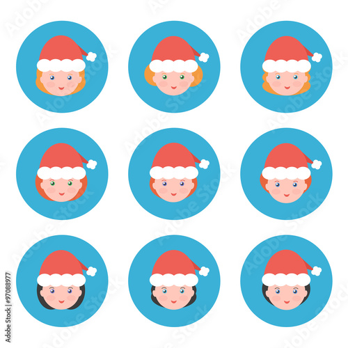 Flat design christmas female avatars. Winter holiday flat design set of icons.