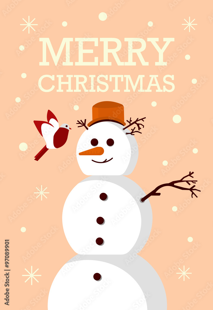 Greeting Card Snowman and bird Merry Christmas Party