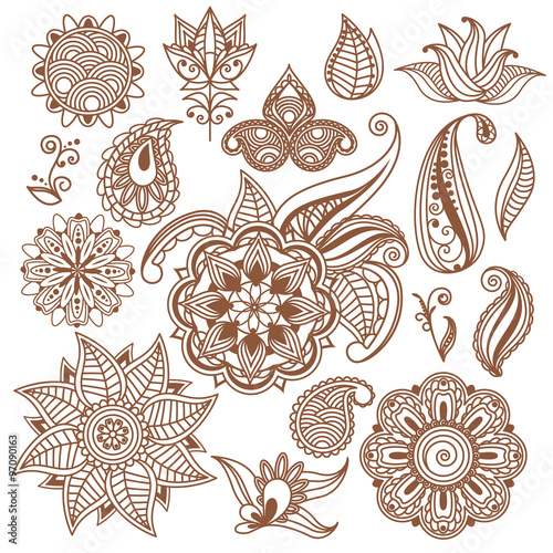 Henna tattoo, Mehndi. Abstract floral vector elements in indian style