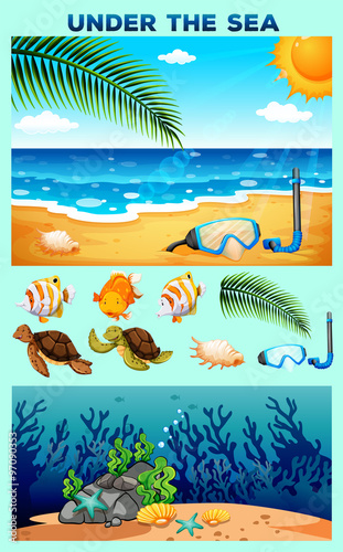 Ocean theme with beach and underwater