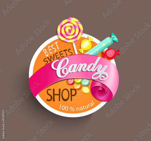Paper candy shop label with ribbon, vector illustration.