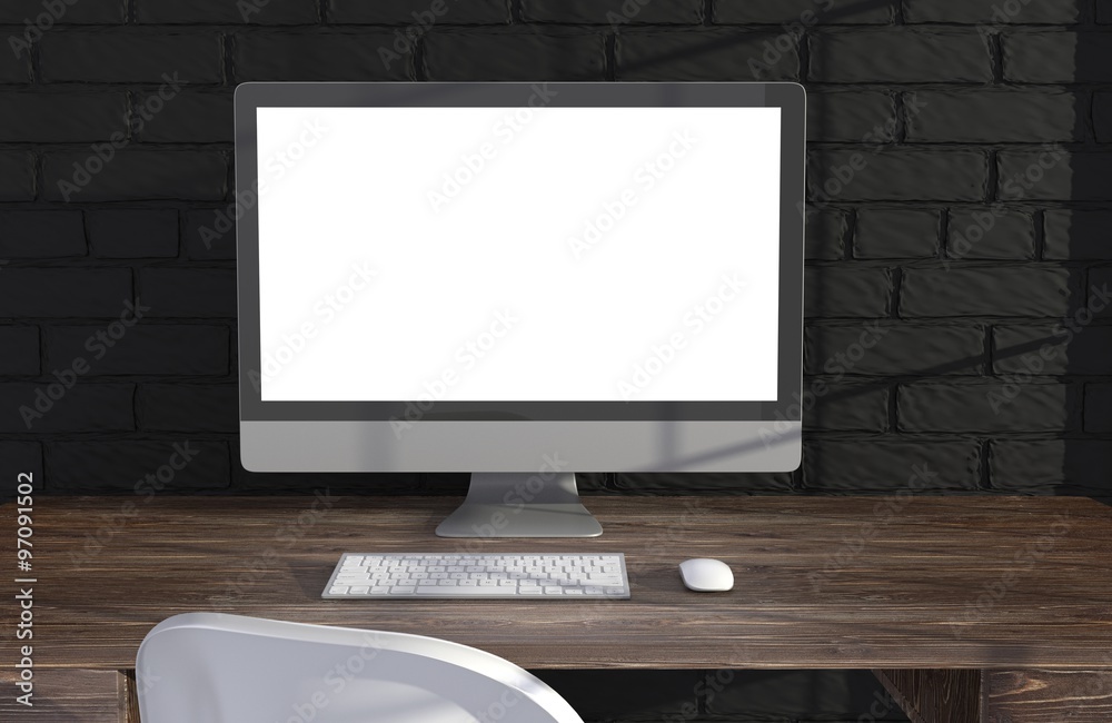 Fototapeta premium 3D illustration PC screen on table in office, Workspace