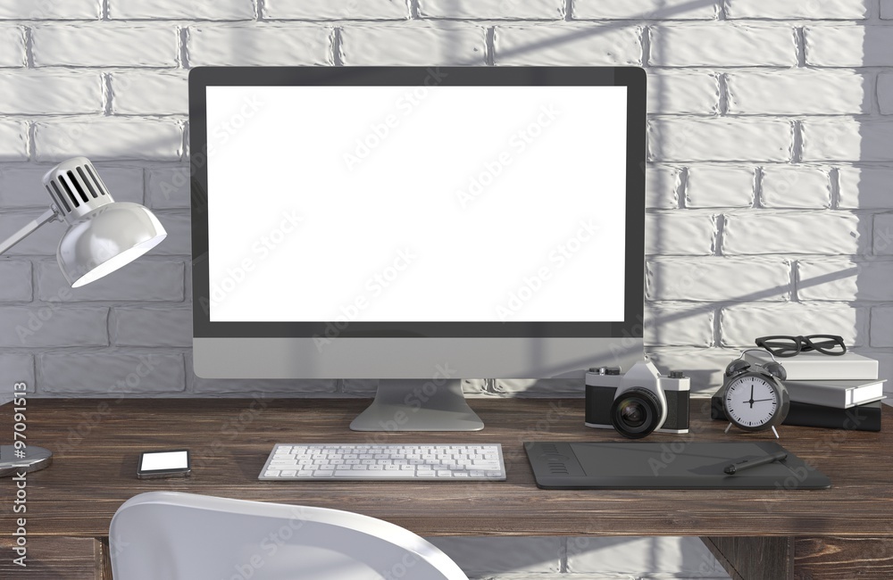 Fototapeta premium 3D illustration PC screen on table in office, Workspace