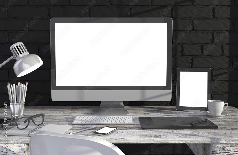 3D illustration PC screen on table in office, Workspace 3D illustration PC screen on table in office, Workspace