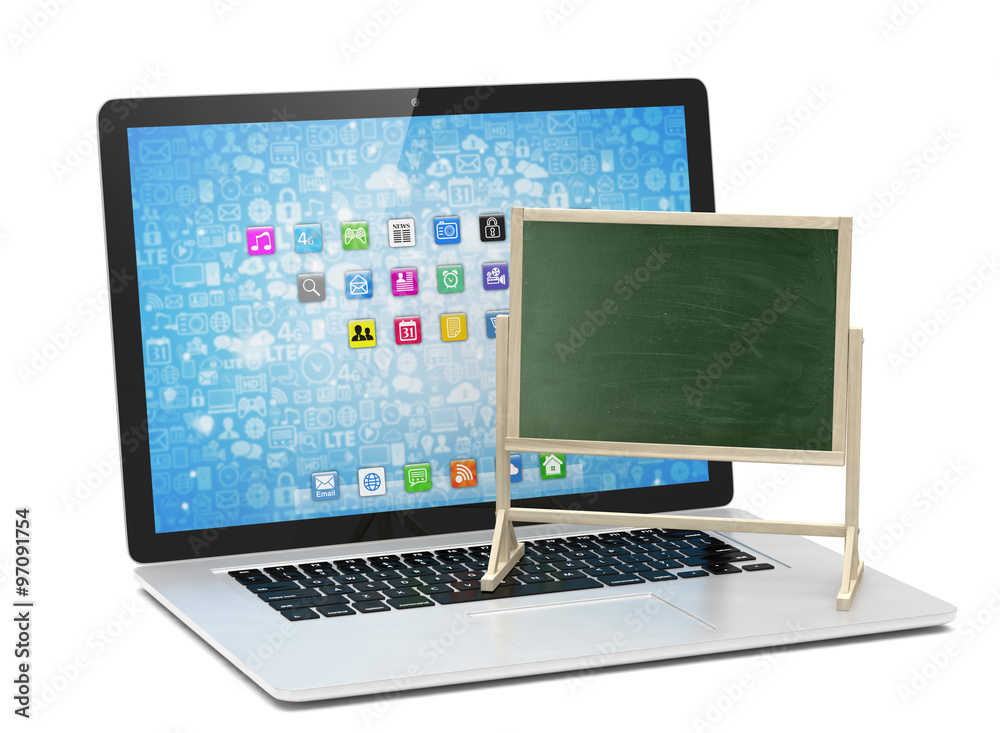  Laptop with chalkboard, online education concept