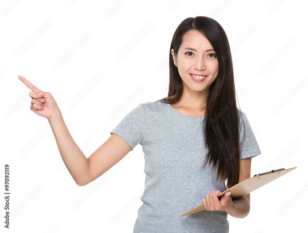 Woman hold with clipboard and finger point up Woman hold with clipboard and finger point up