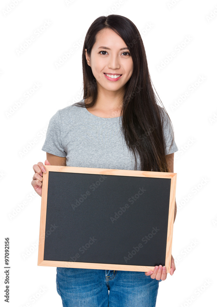 Young Woman showing with blank of chalkboard Young Woman showing with blank of chalkboard