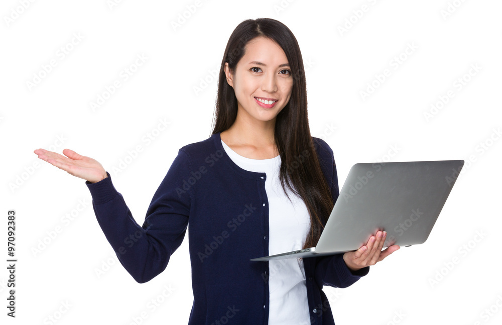 Woman hold with laptop computer and open hand palm Woman hold with laptop computer and open hand palm