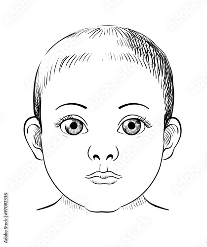 Baby portrait sketch, black and white hand-drawn illustration like engraving