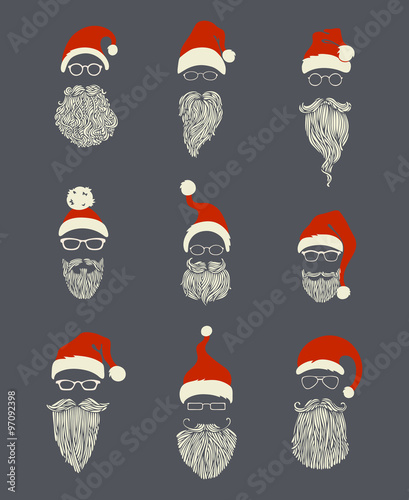 Vector set of Santa hats, moustache and beards.